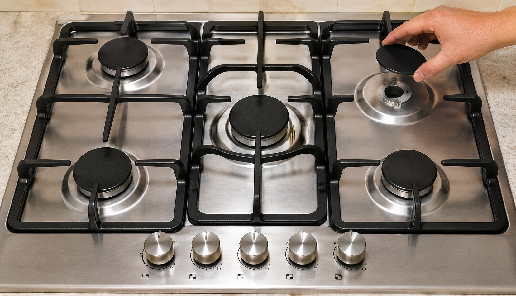 Hand lifting burner cap off gas stove cooktop to begin cleaning process