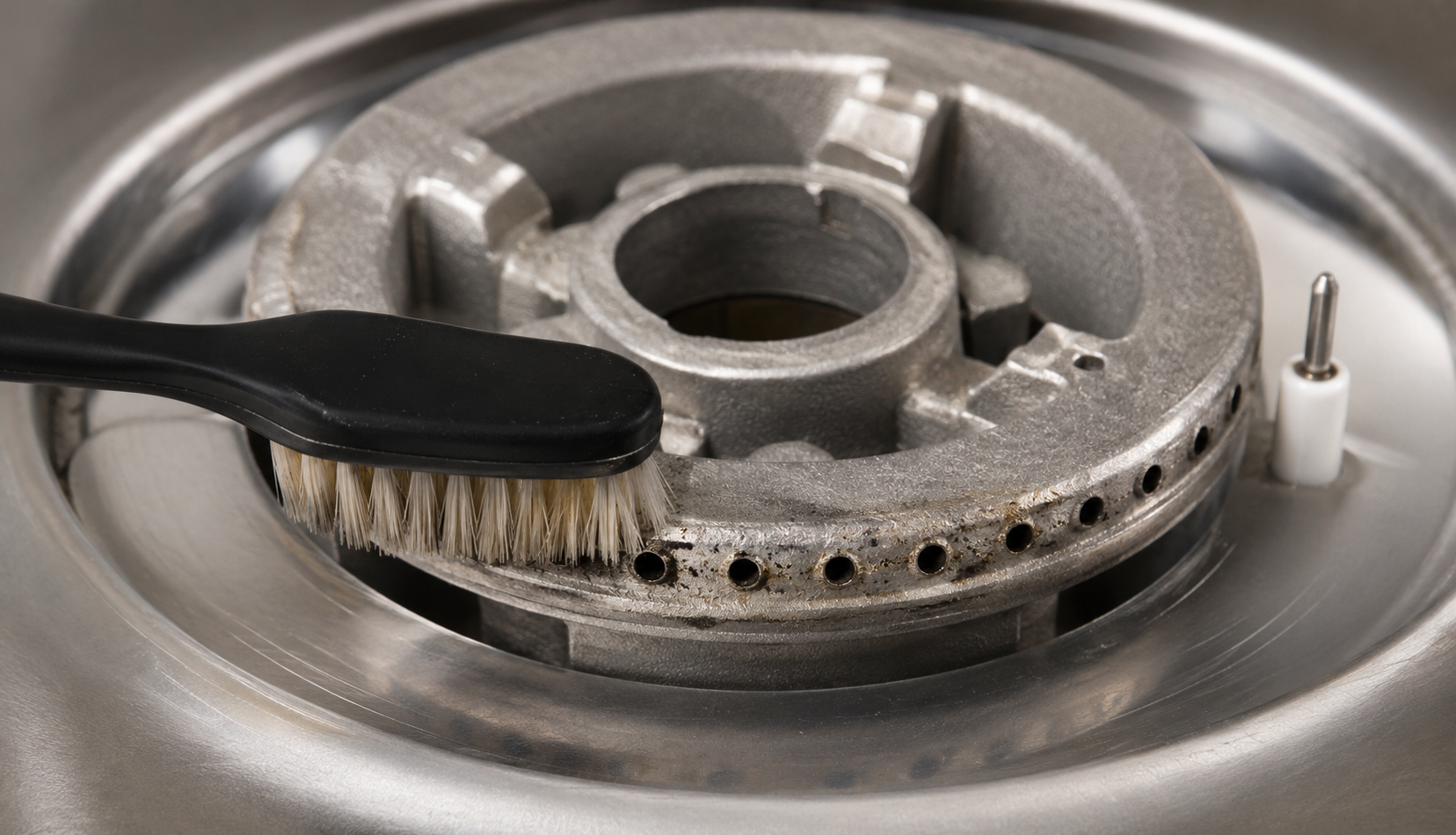 Soft brush gently cleaning gas stove burner holes to remove debris