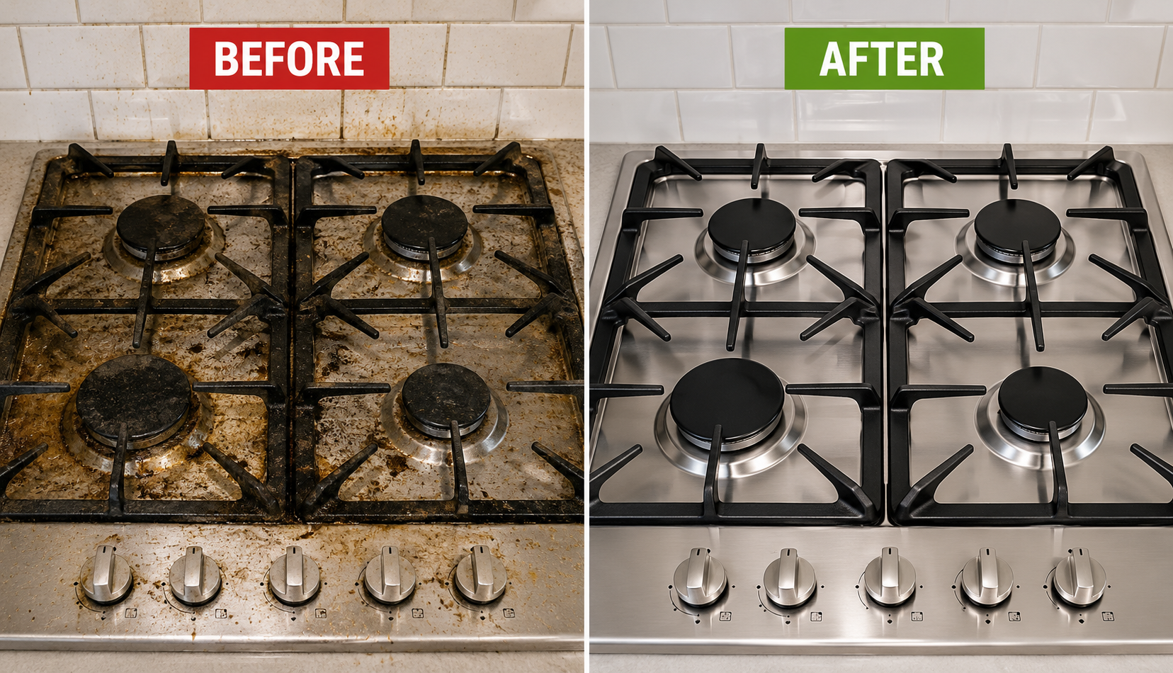 Before and after gas stove cleaning showing dirty versus spotless cooktop