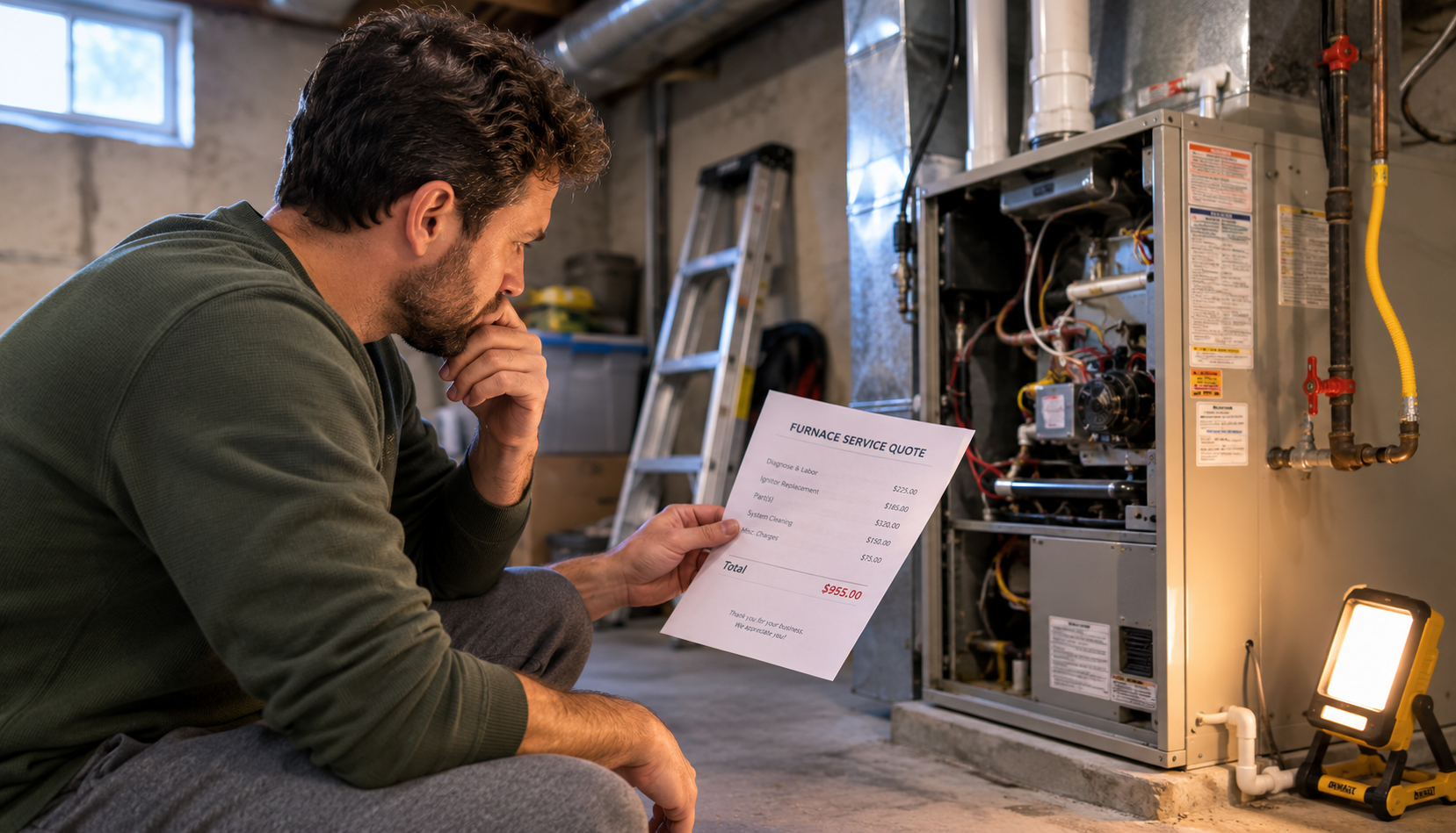 Homeowner comparing furnace repair quote to actual unit