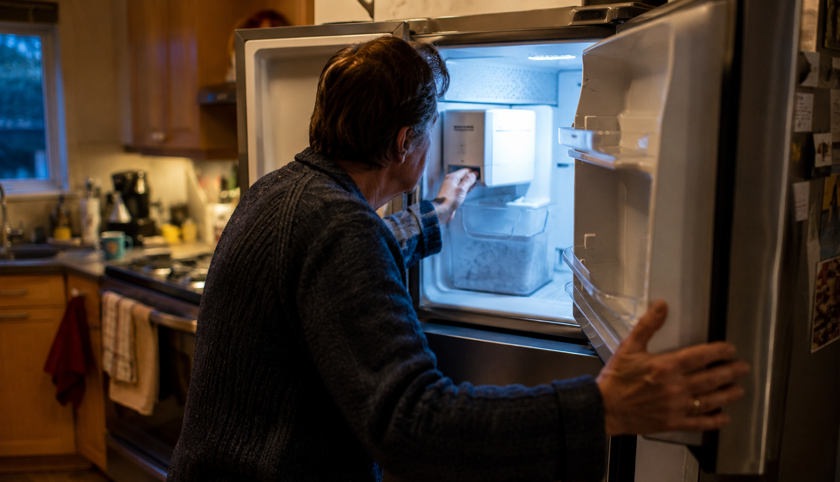 ChatGPT Image Aug 12, 2026, 10_22_12 PM Person checking a broken ice maker inside an open freezer at home