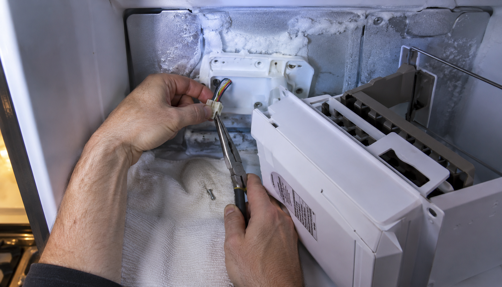 ChatGPT Image Aug 12, 2026, 10_22_15 PM Hands disconnecting wiring harness on Whirlpool ice maker module