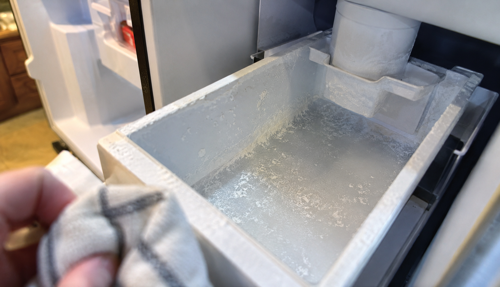 Mineral buildup and chalky scale inside an open ice maker bin