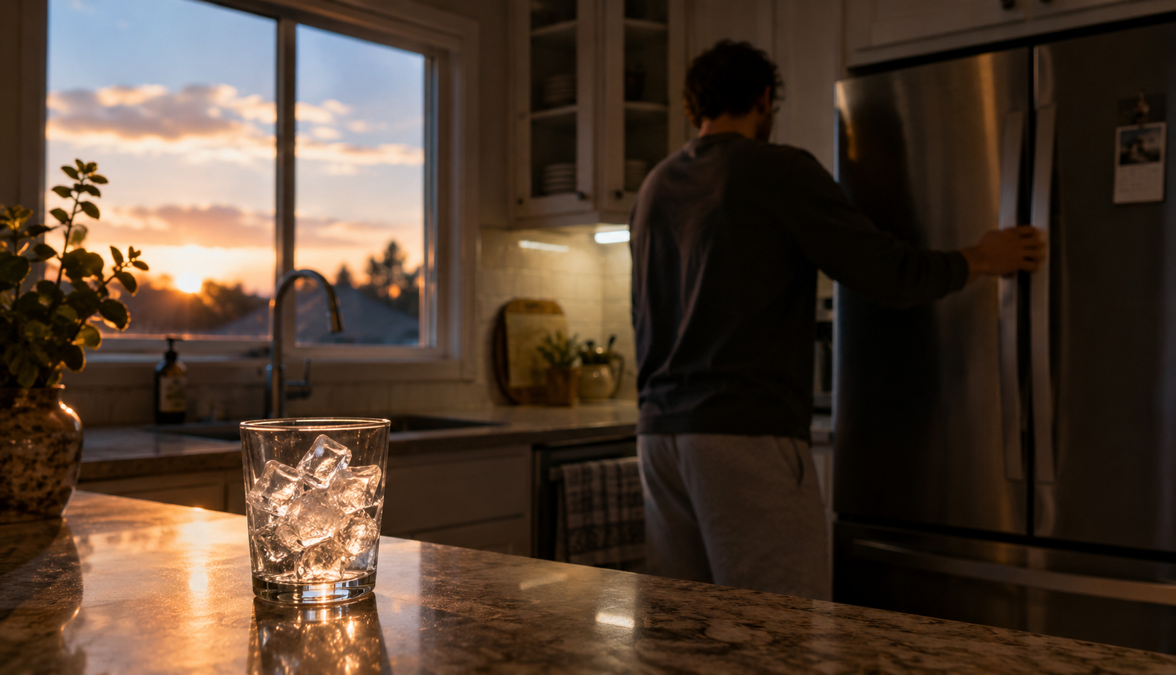 ChatGPT Image Aug 15, 2026, 03_23_41 PM Clear glass of ice cubes on kitchen counter at dusk