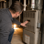 Homeowner inspecting basement furnace unit that has stopped working