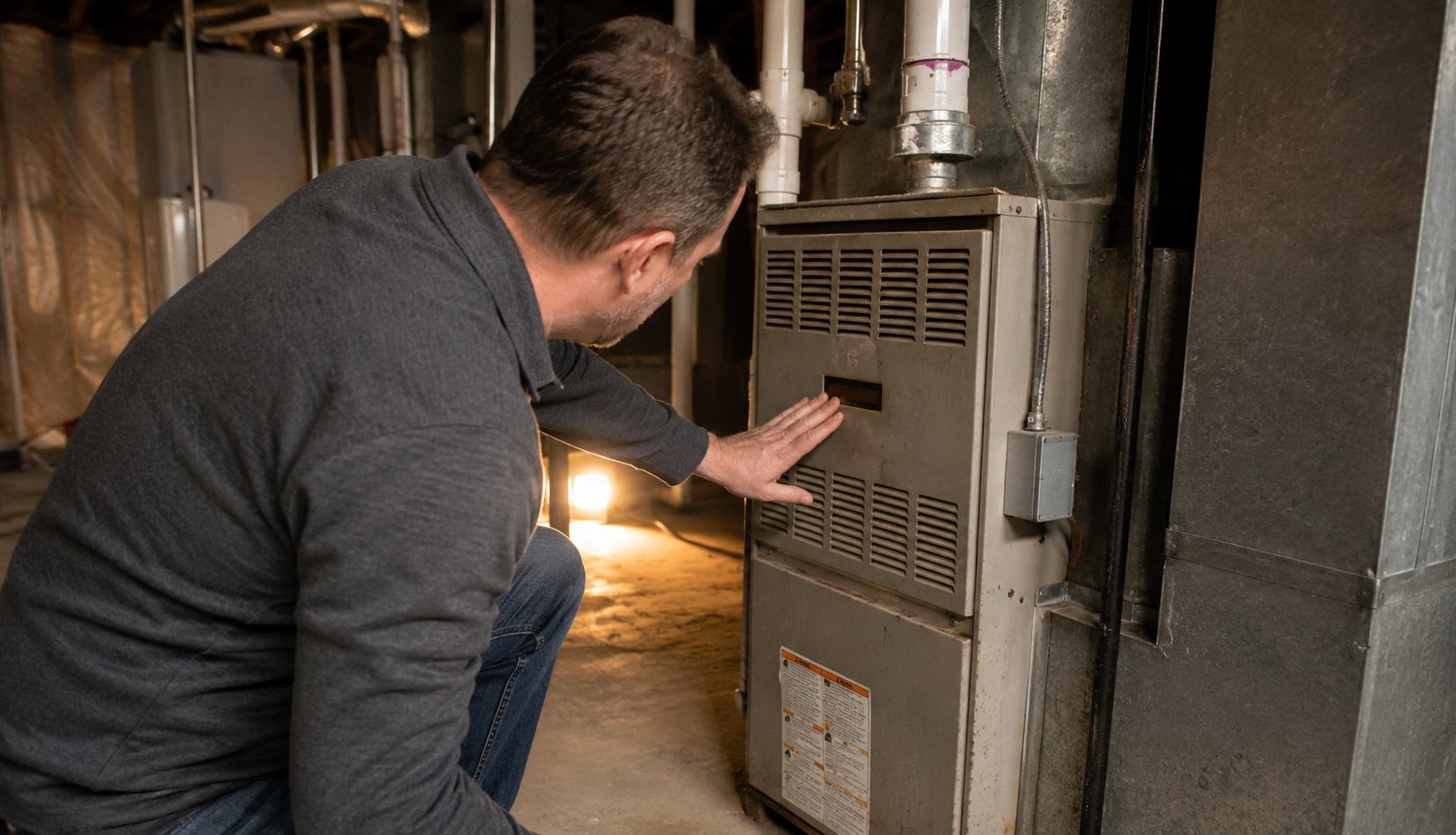 Homeowner inspecting basement furnace unit that has stopped working