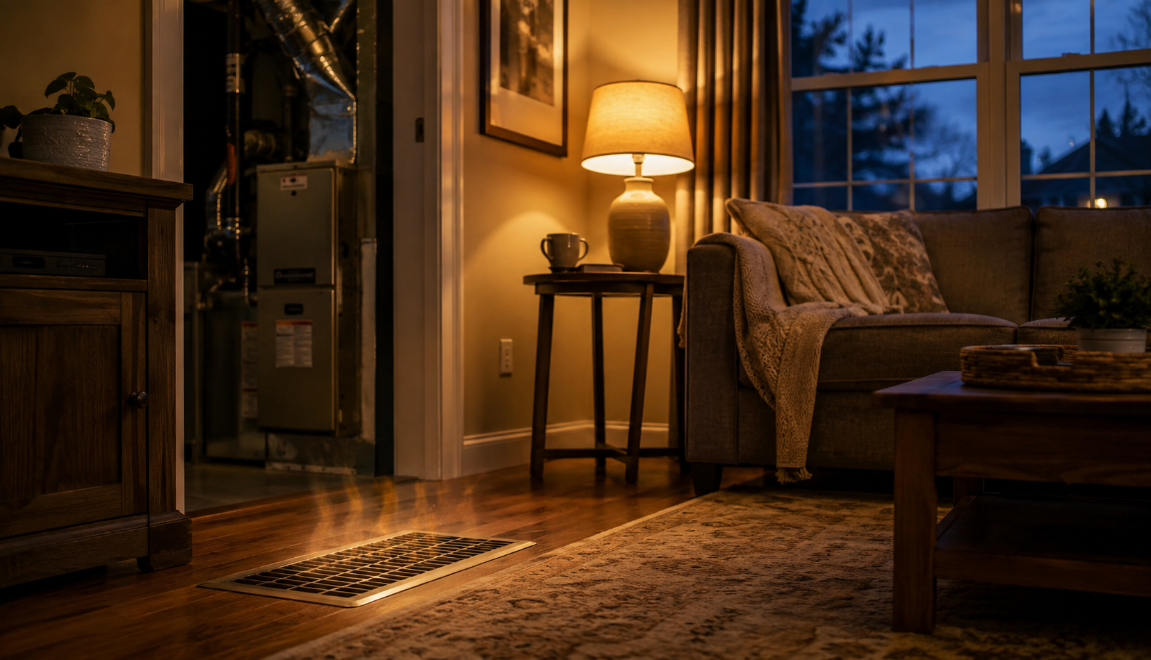 Warm living room with heat flowing from vent after furnace repair