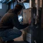 Homeowner checking furnace panel in dim basement with flashlight