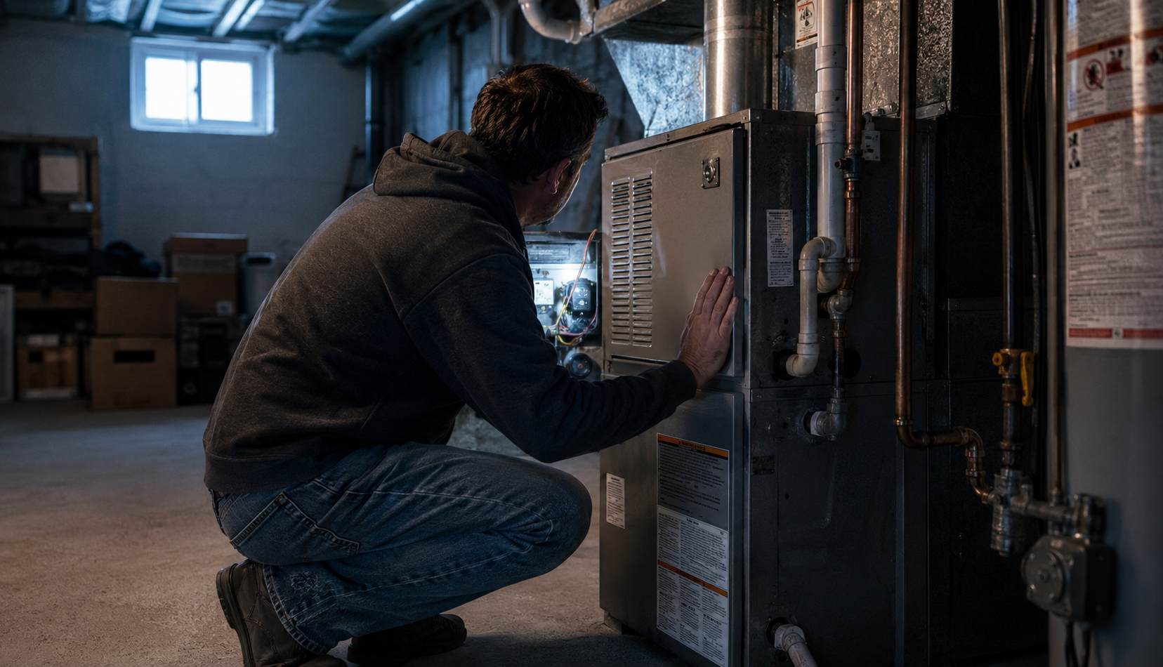 Homeowner checking furnace panel in dim basement with flashlight