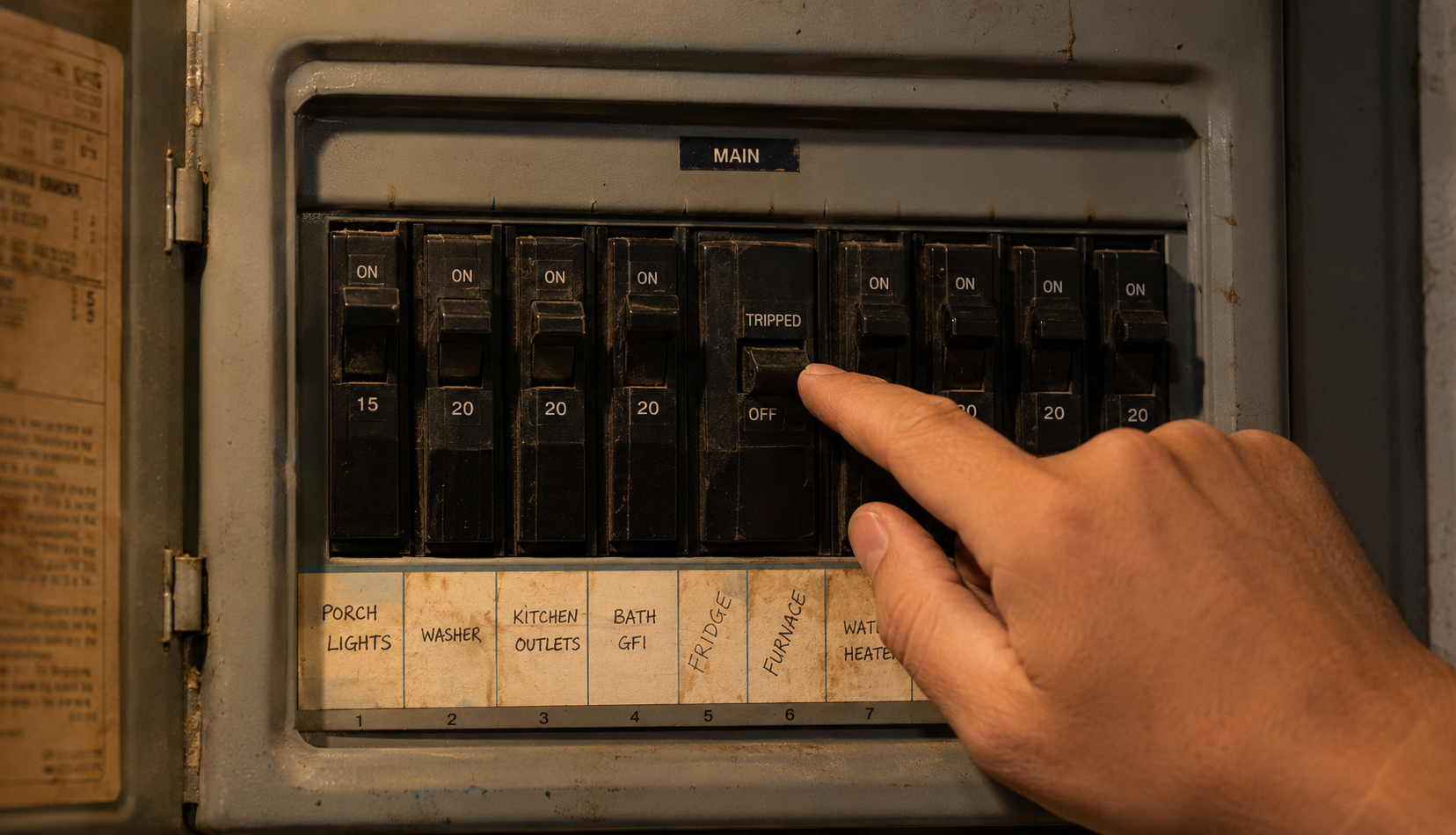 Hand resetting a tripped circuit breaker on home electrical panel