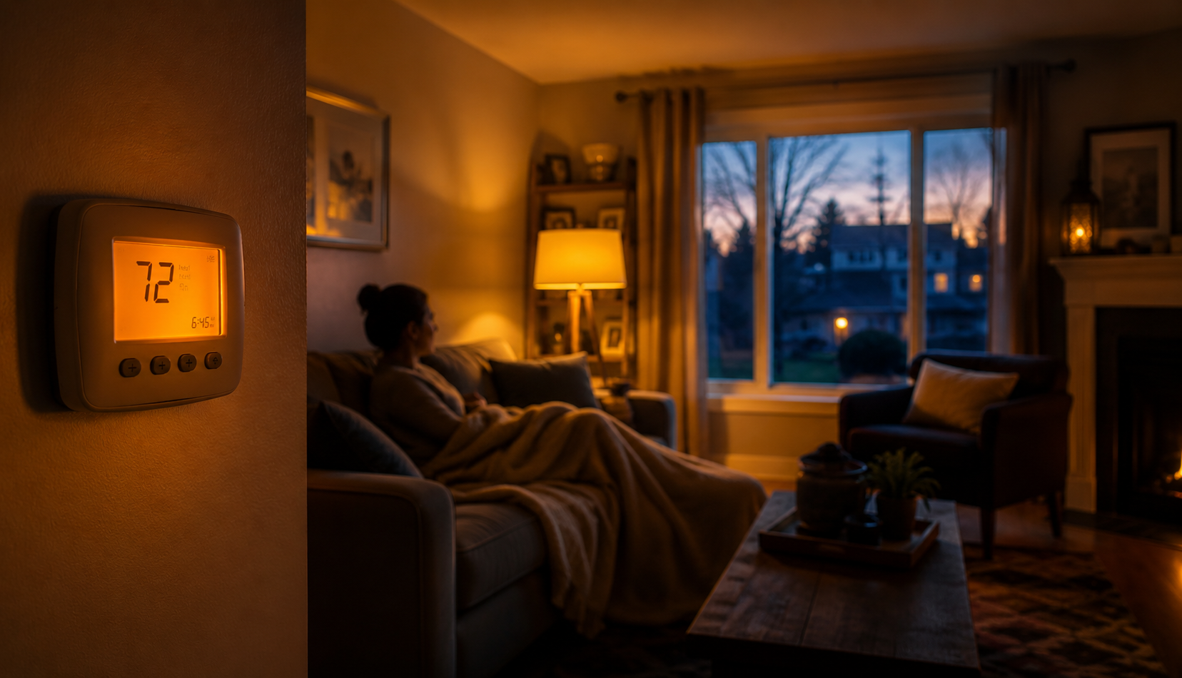 Warm living room with glowing thermostat after furnace repair