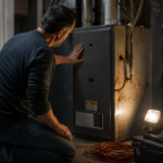 Homeowner inspecting furnace panel before deciding on repair options