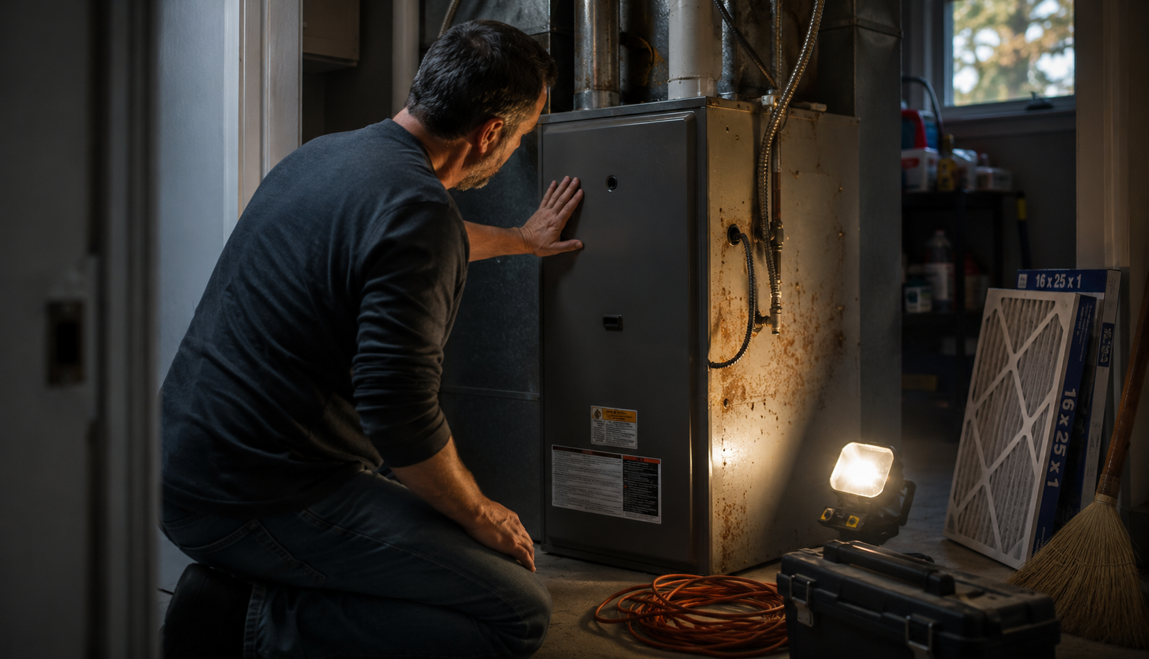 Homeowner inspecting furnace panel before deciding on repair options