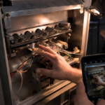 Hand inspecting furnace ignitor inside open burner compartment