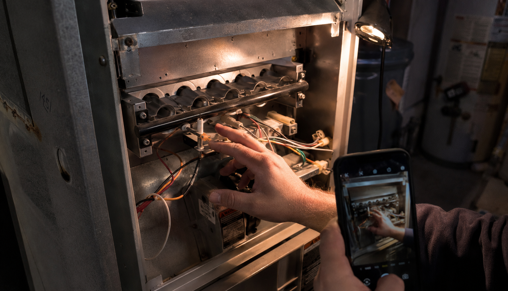 Hand inspecting furnace ignitor inside open burner compartment