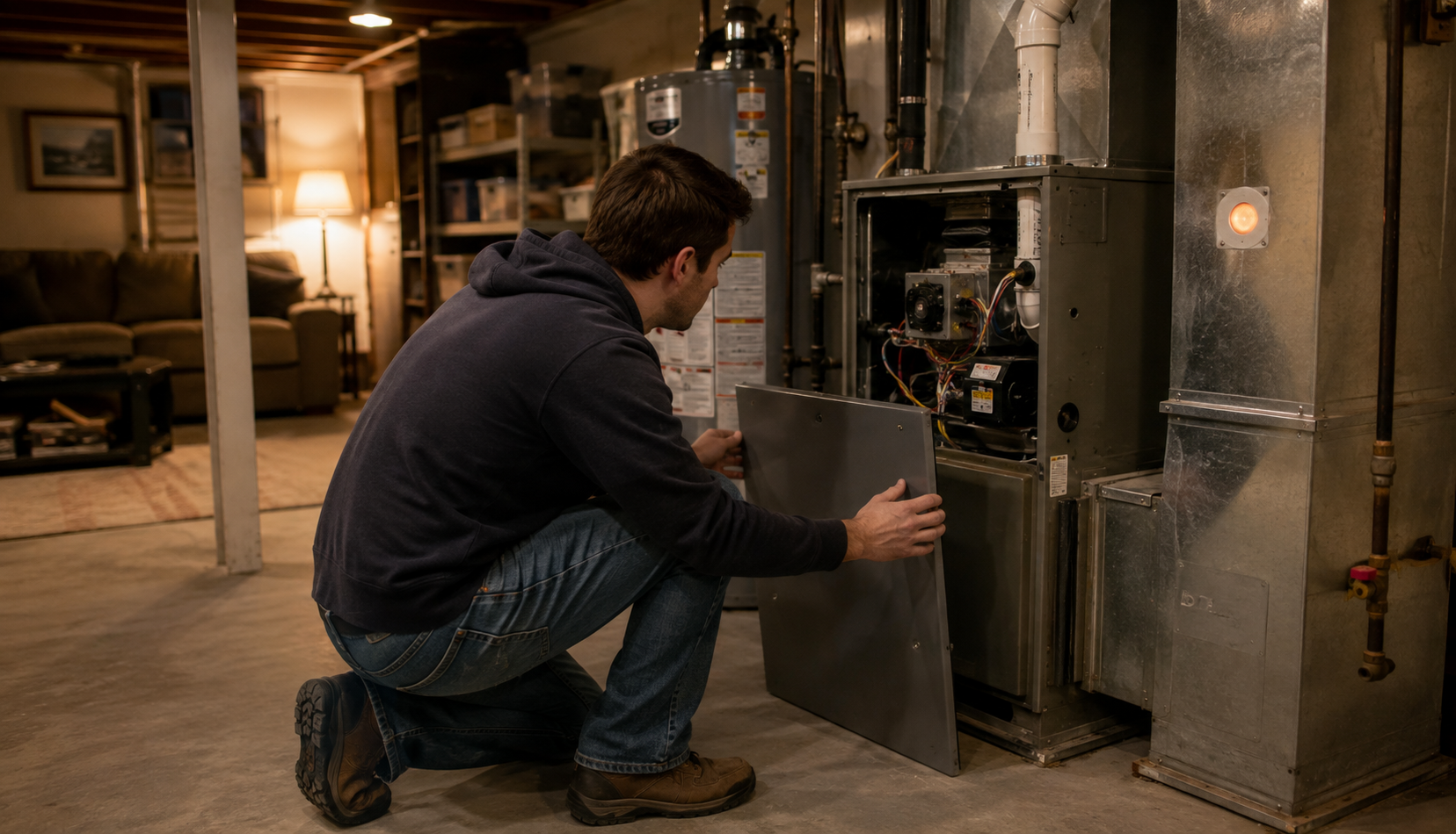 Homeowner closing furnace panel after successful ignitor repair