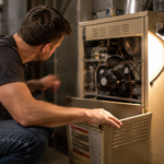 Homeowner inspecting open furnace access panel before blower motor repair