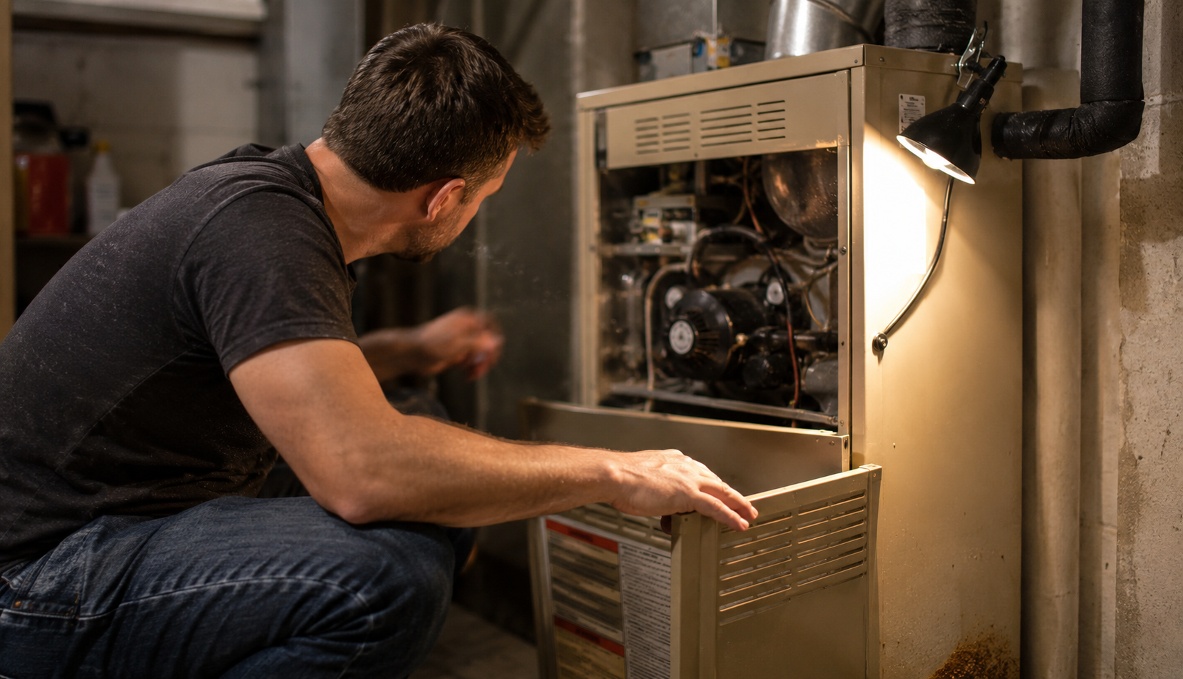 Homeowner inspecting open furnace access panel before blower motor repair