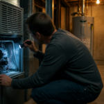 Homeowner inspecting open furnace panel with flashlight in utility room