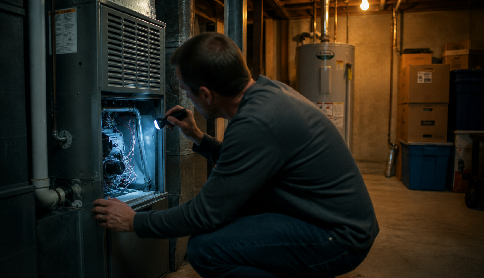 Homeowner inspecting open furnace panel with flashlight in utility room