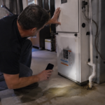 Homeowner inspecting water pooling near high-efficiency furnace base