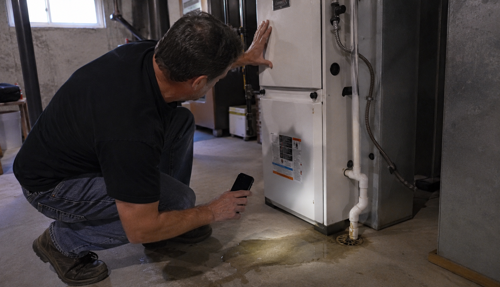 Homeowner inspecting water pooling near high-efficiency furnace base