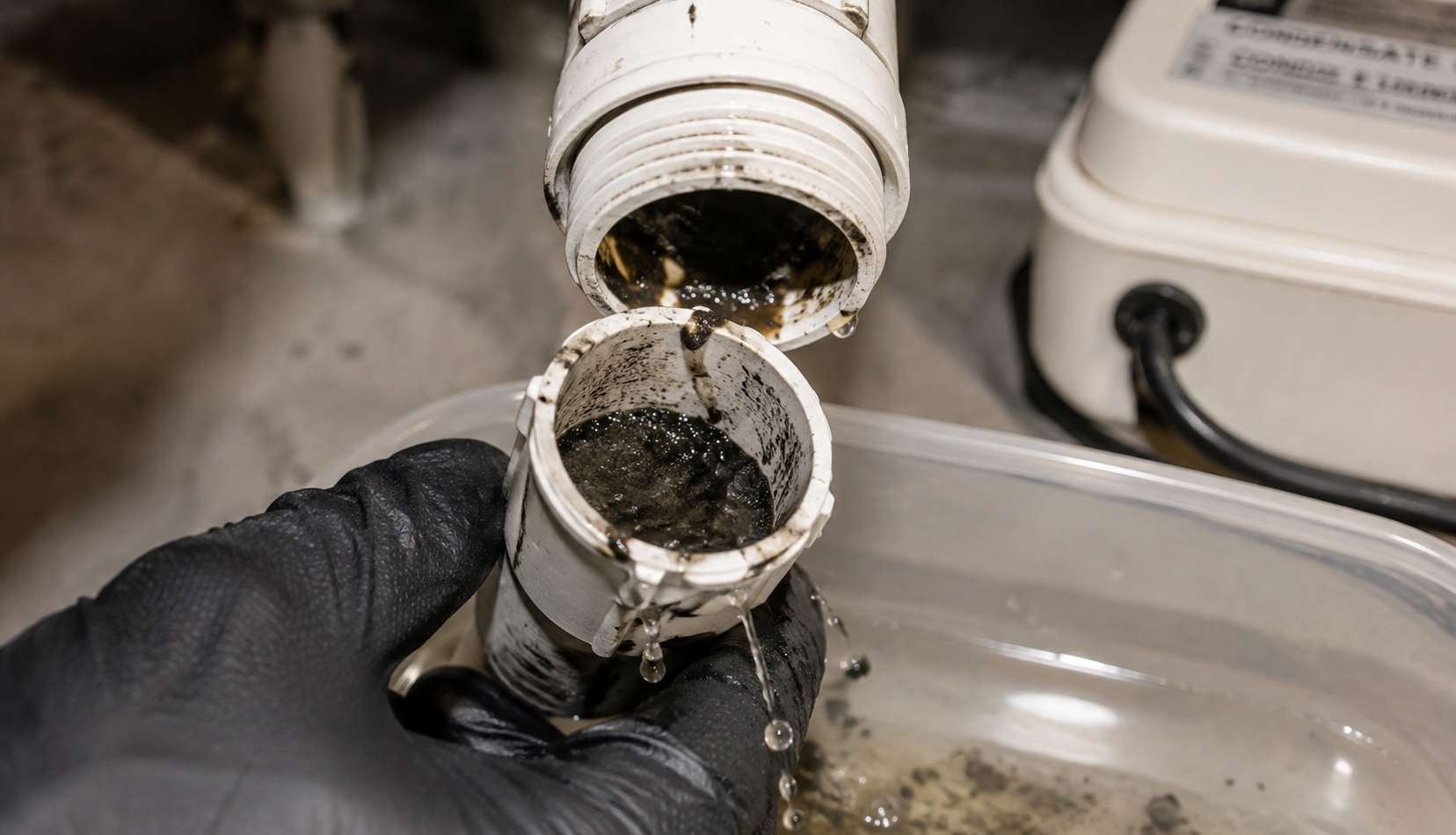 ChatGPT Image Aug 23, 2026, 02_21_32 AM Clogged condensate line removed from furnace showing algae buildup