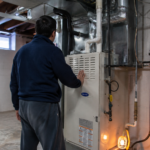 Homeowner examining a gas furnace in a basement utility room