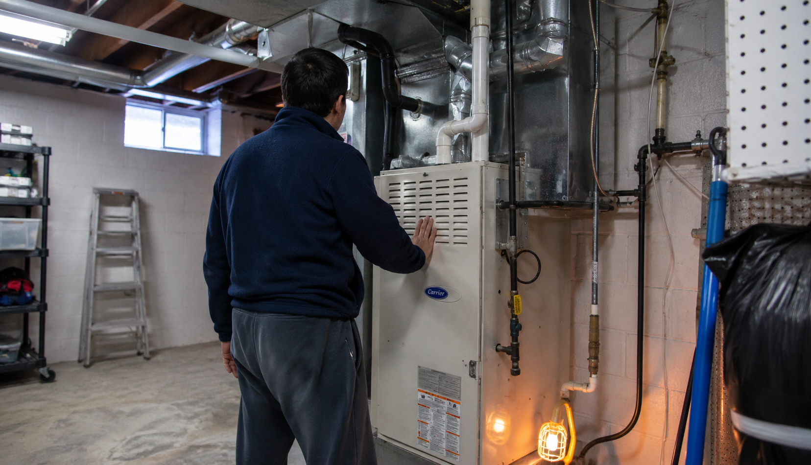 Homeowner examining a gas furnace in a basement utility room