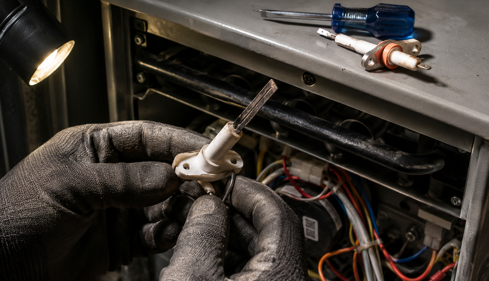 Close-up of hands replacing a hot surface igniter inside a furnace cabinet