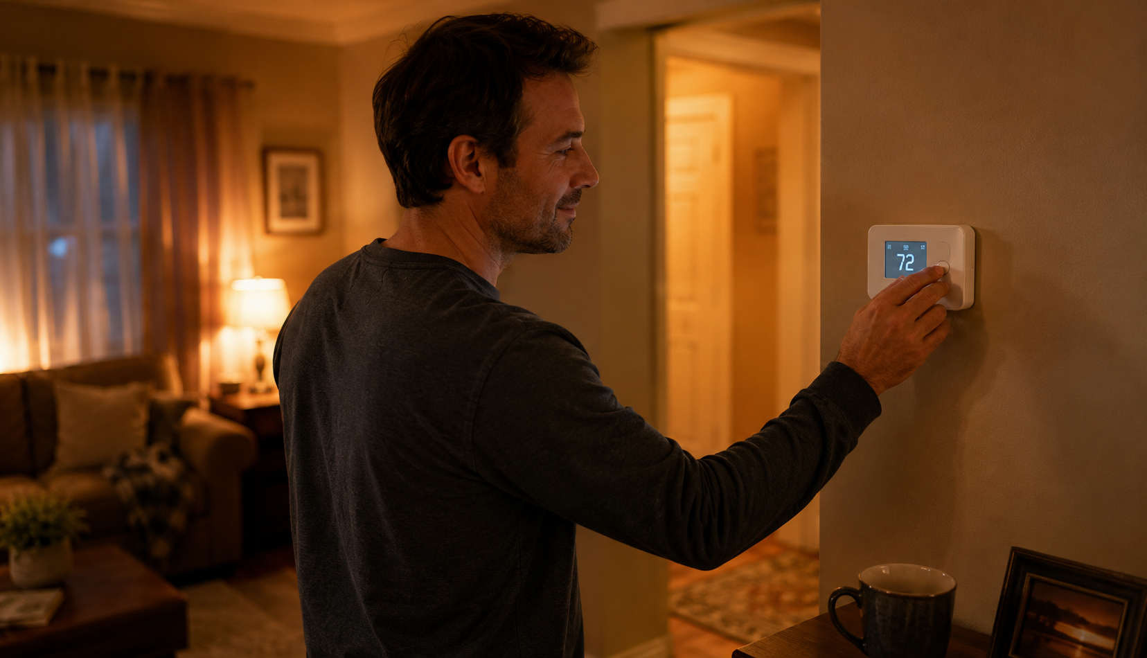 Person adjusting wall thermostat in warm cozy living room after furnace repair