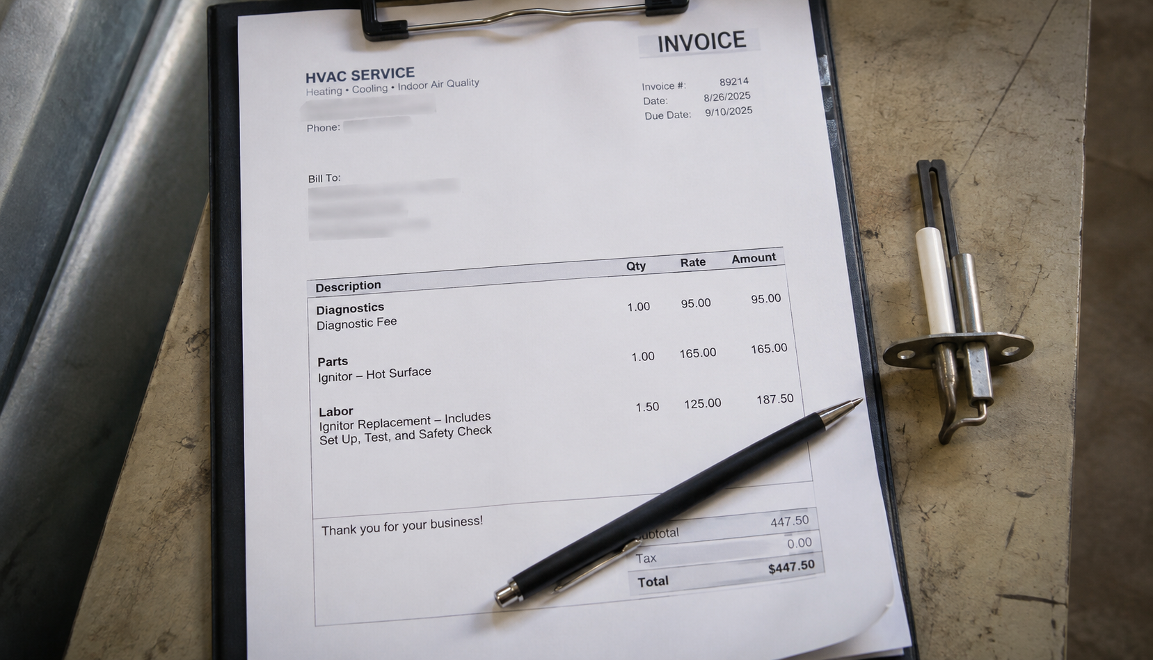 ChatGPT Image Aug 27, 2026, 05_07_31 PM Itemized furnace repair invoice showing parts and labor breakdown