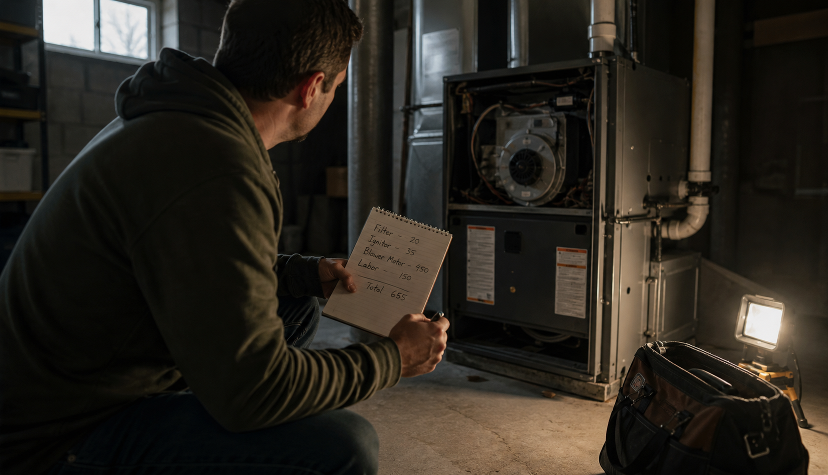 Homeowner reviewing furnace repair cost estimate near open access panel