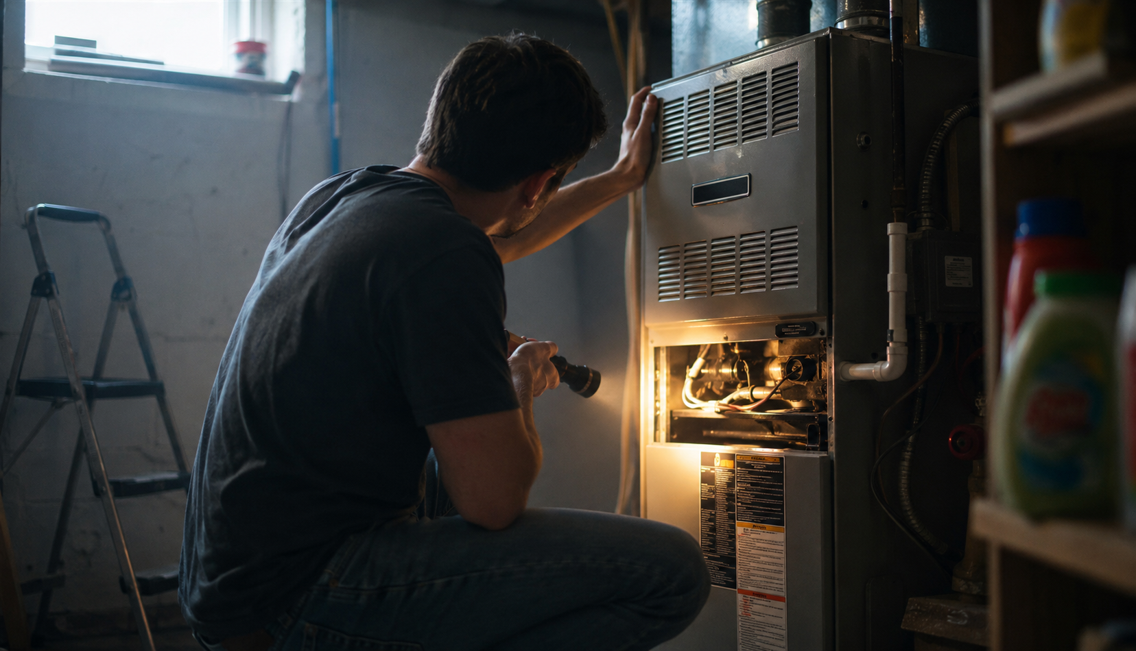 Homeowner inspecting furnace panel with flashlight in utility room