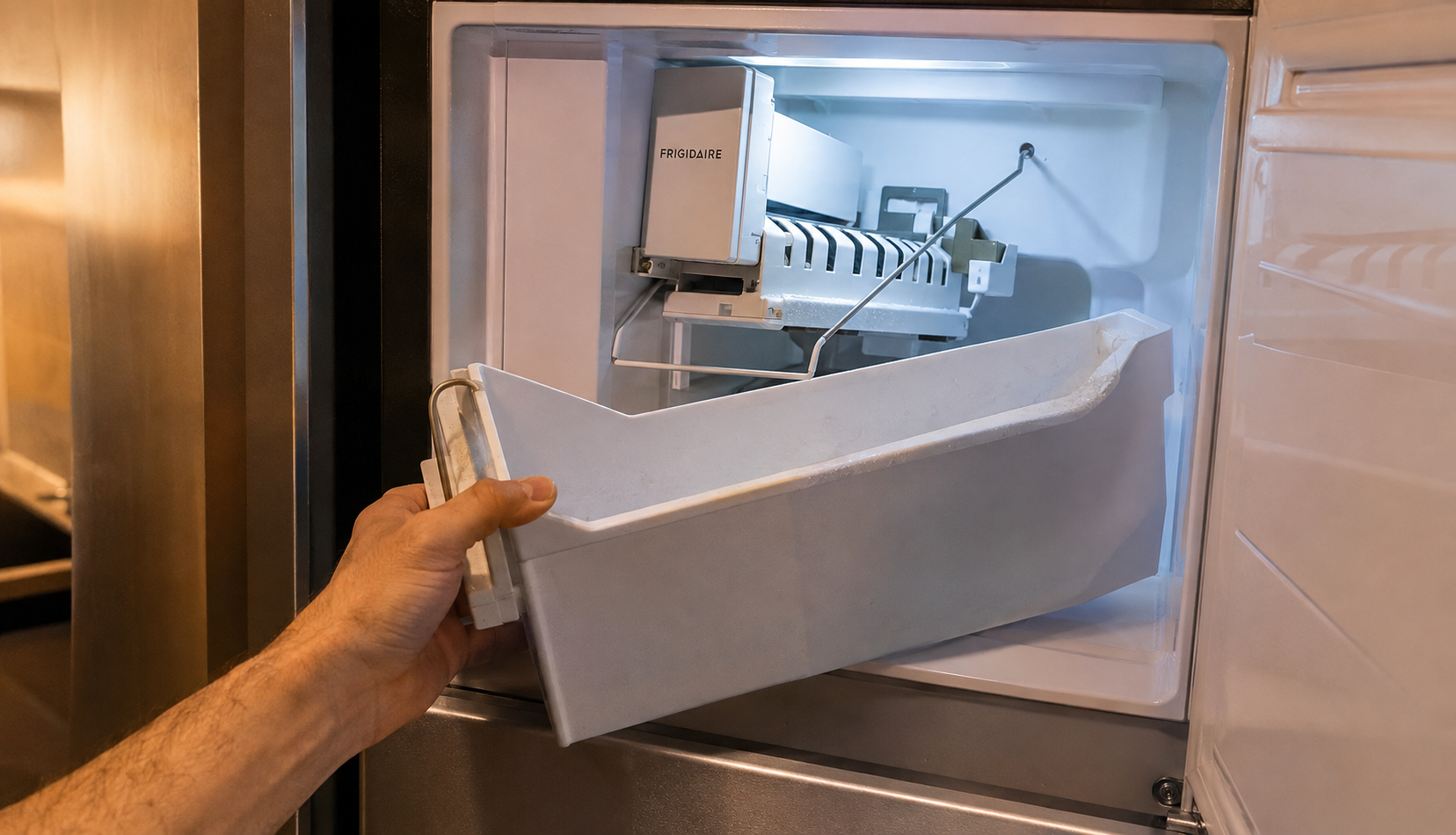 ChatGPT Image Aug 3, 2026, 04_51_55 PM Checking Frigidaire ice maker bail arm inside freezer