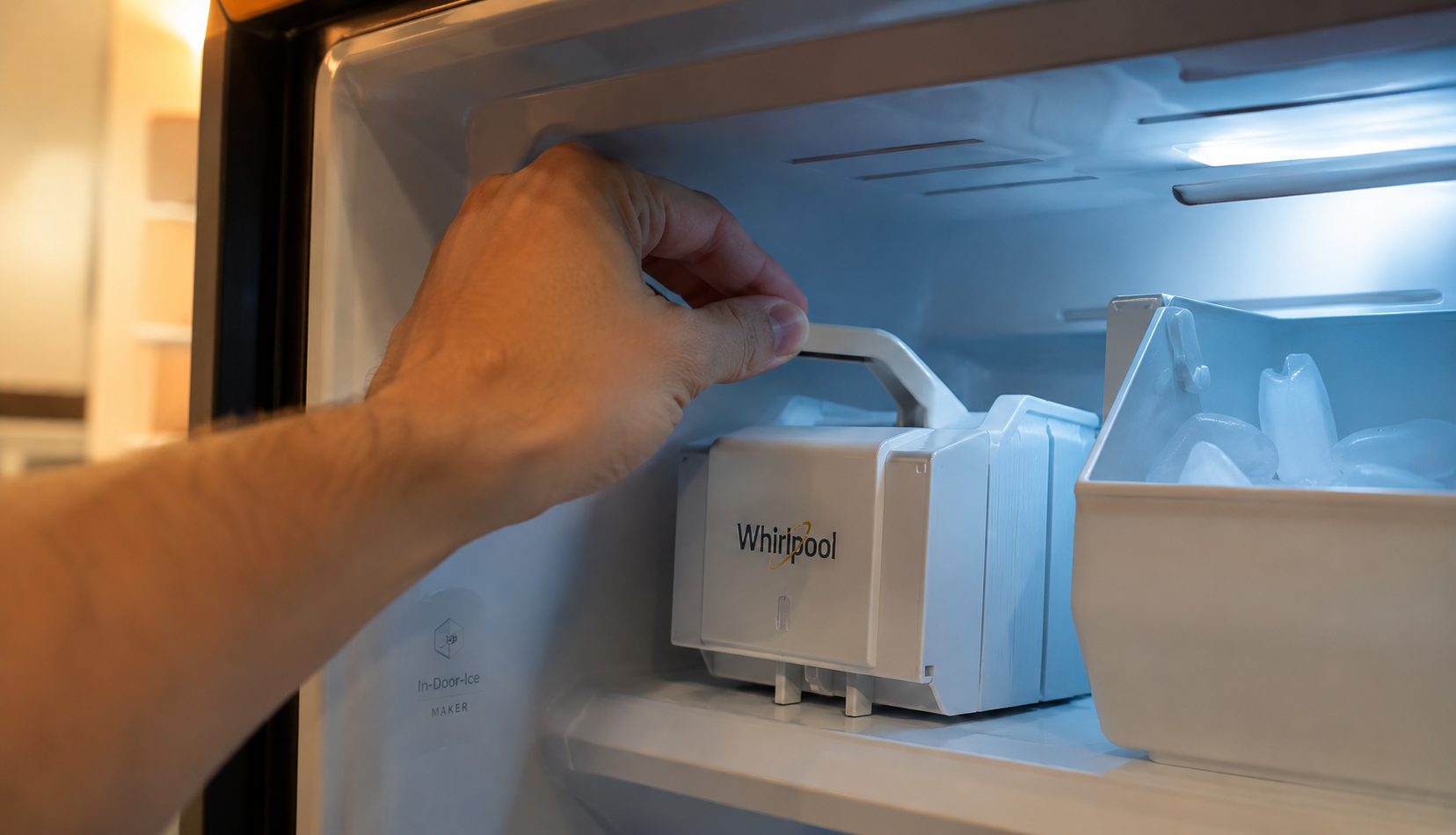 ChatGPT Image Aug 5, 2026, 03_58_41 AM Checking Whirlpool ice maker feeler arm inside freezer