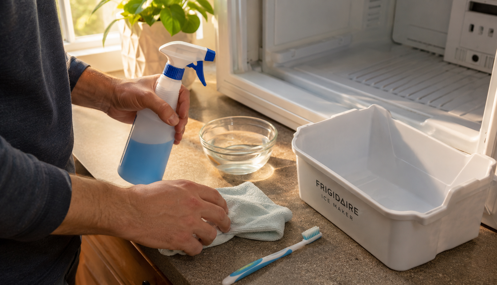 ChatGPT Image Aug 6, 2026, 08_26_31 PM Gathering supplies to clean a Frigidaire ice maker