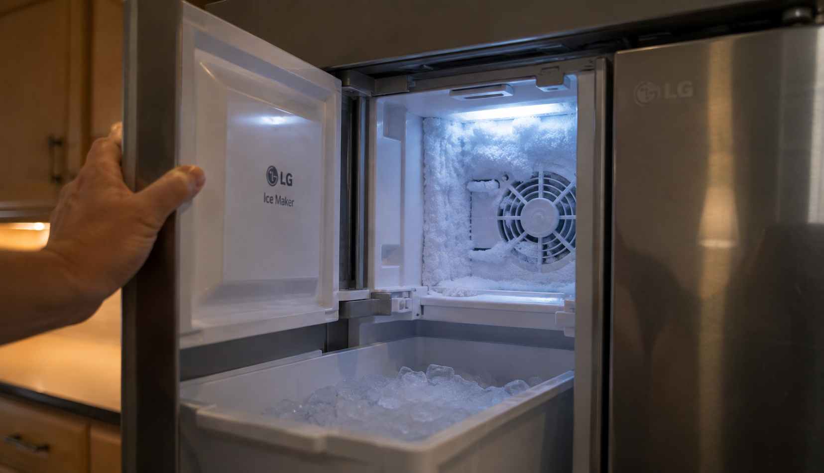 ChatGPT Image Aug 7, 2026, 11_26_56 PM Frost buildup inside an LG refrigerator ice maker