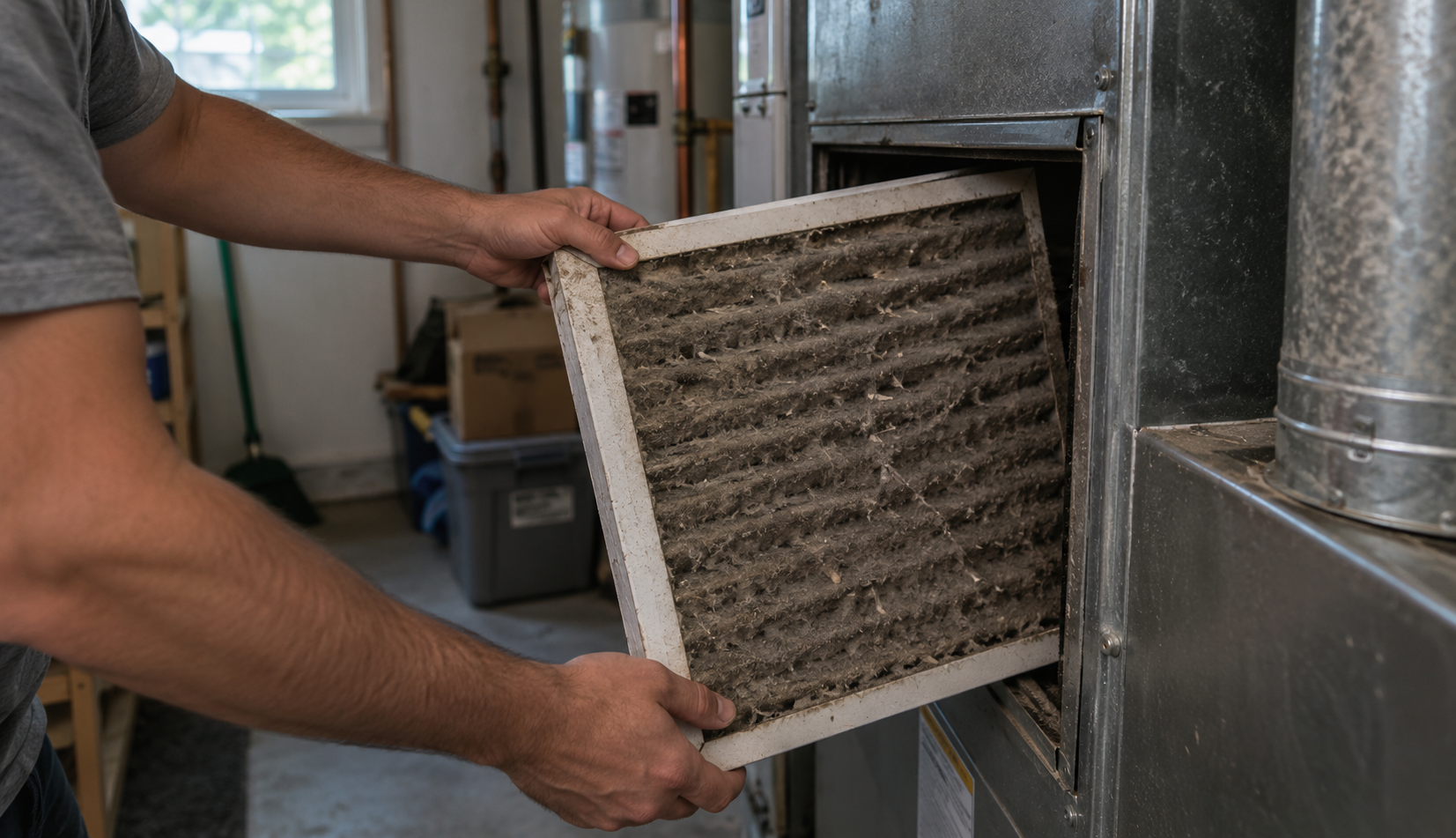 Dirty furnace filter being removed from utility closet housing