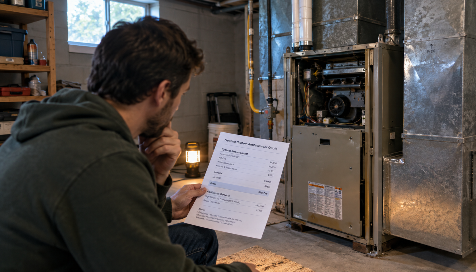 Homeowner reviewing furnace installation cost quote near old unit