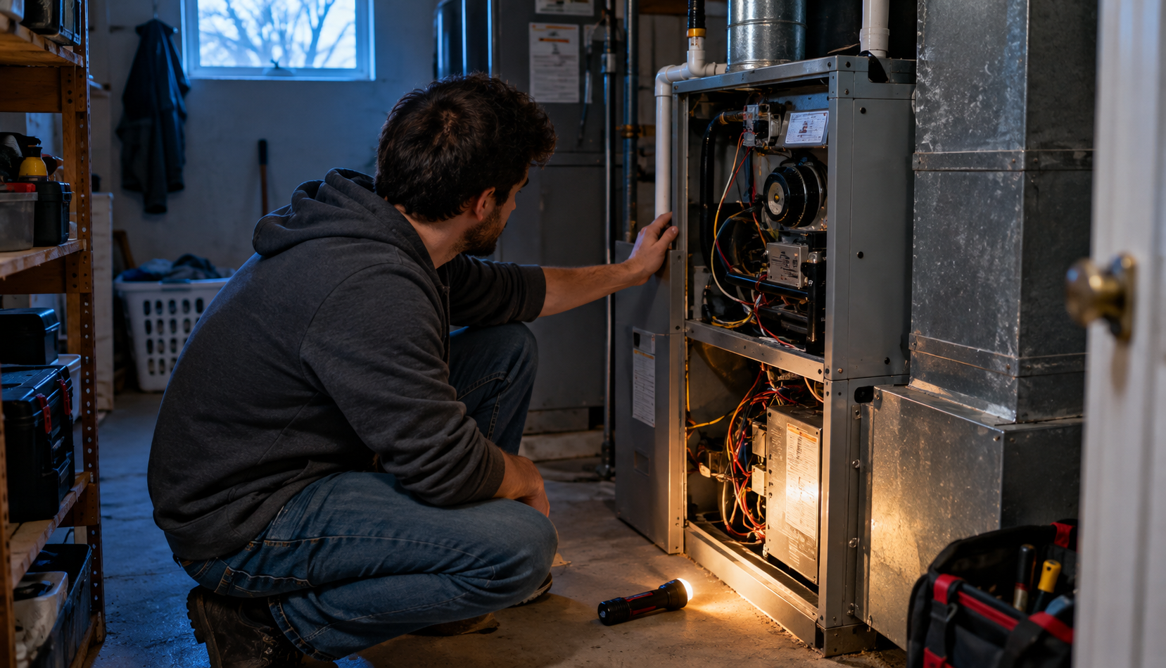 Homeowner inspecting open electric furnace cabinet with flashlight