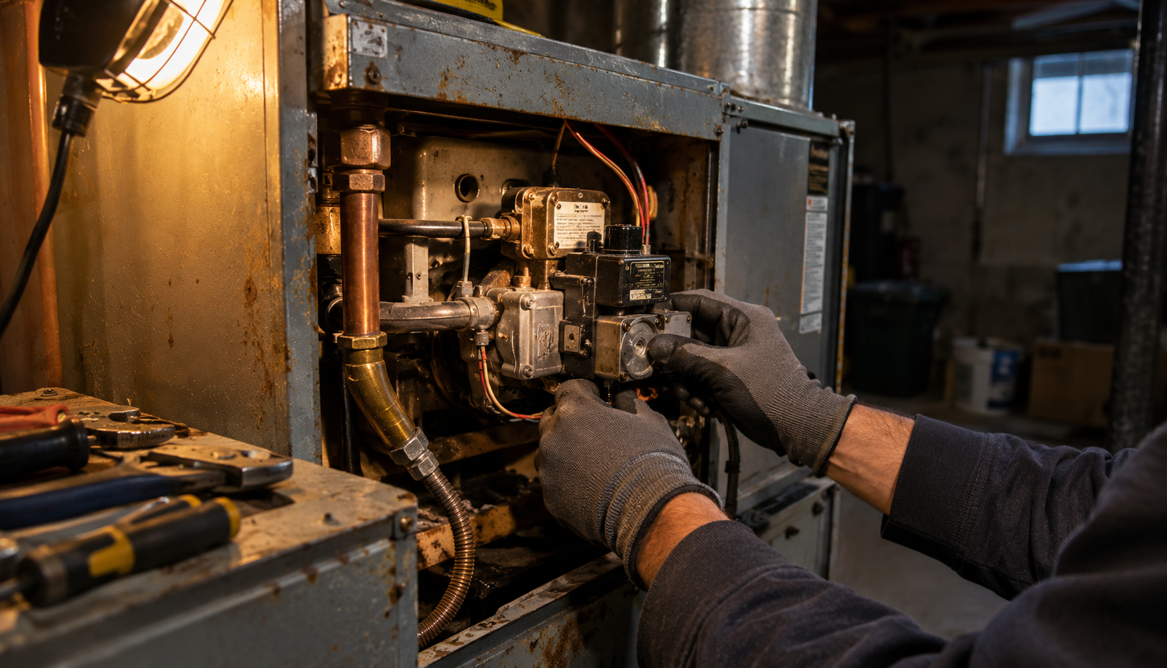 Technician adjusting oil furnace ignition components in basement