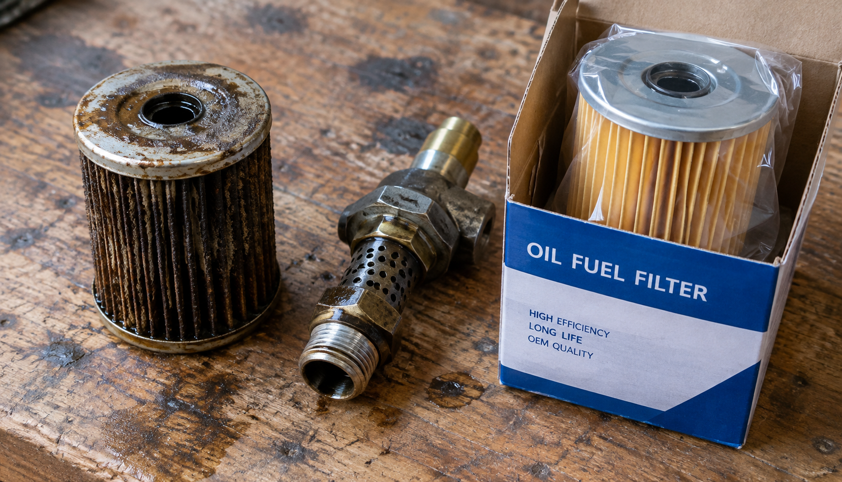 ChatGPT Image Sep 13, 2026, 03_01_18 PM Old oil furnace filter and nozzle compared to new replacement parts