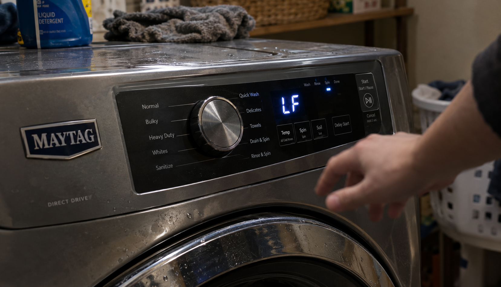 Maytag washer control panel displaying an LF error code