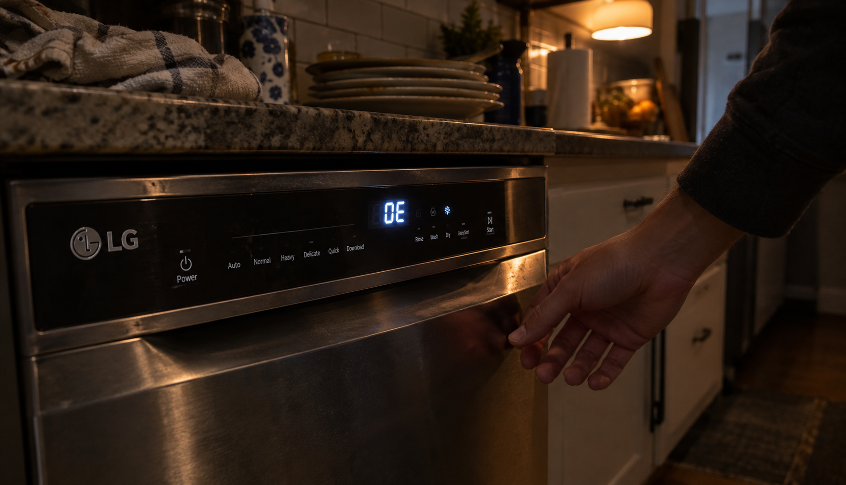 LG dishwasher display showing OE drain error code