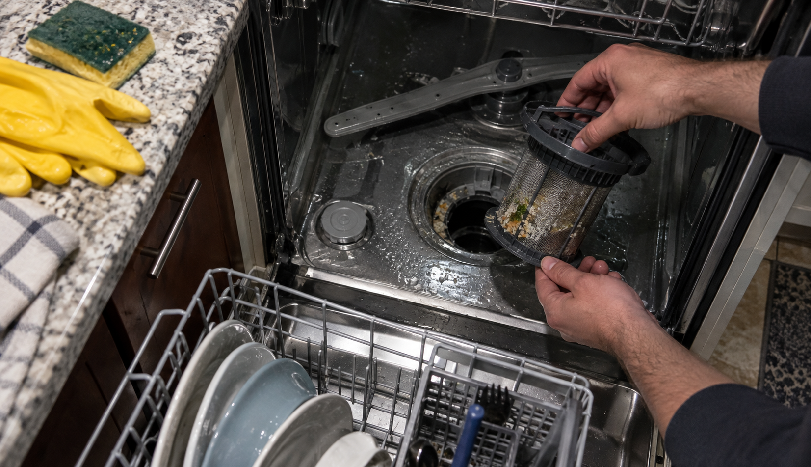 Cleaning an LG dishwasher drain filter to fix OE error