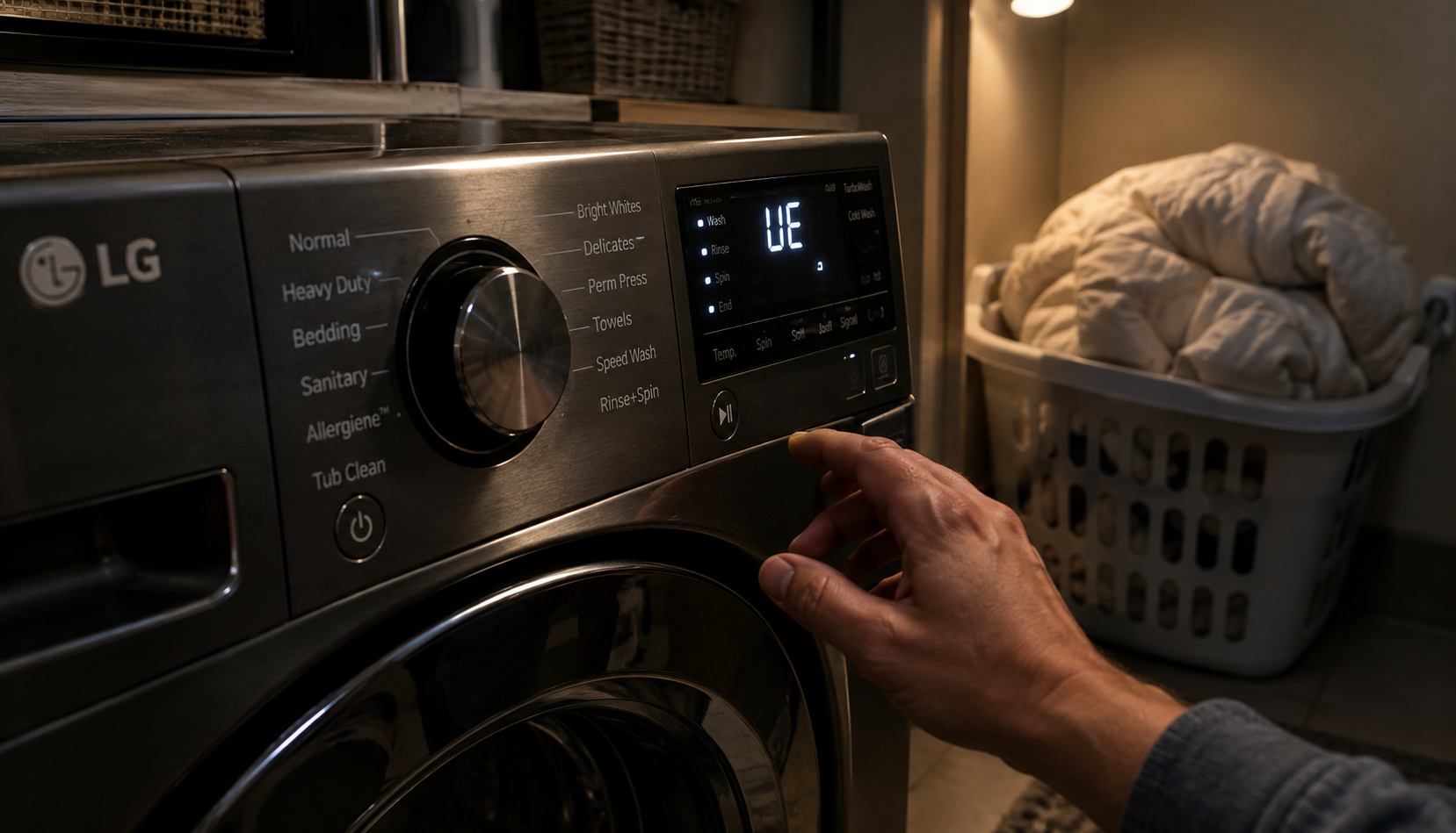 LG washer display showing UE unbalanced load error code