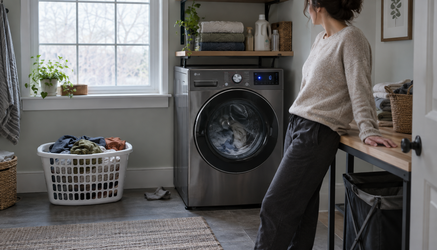 Laundry room with LG washer running after error code fix