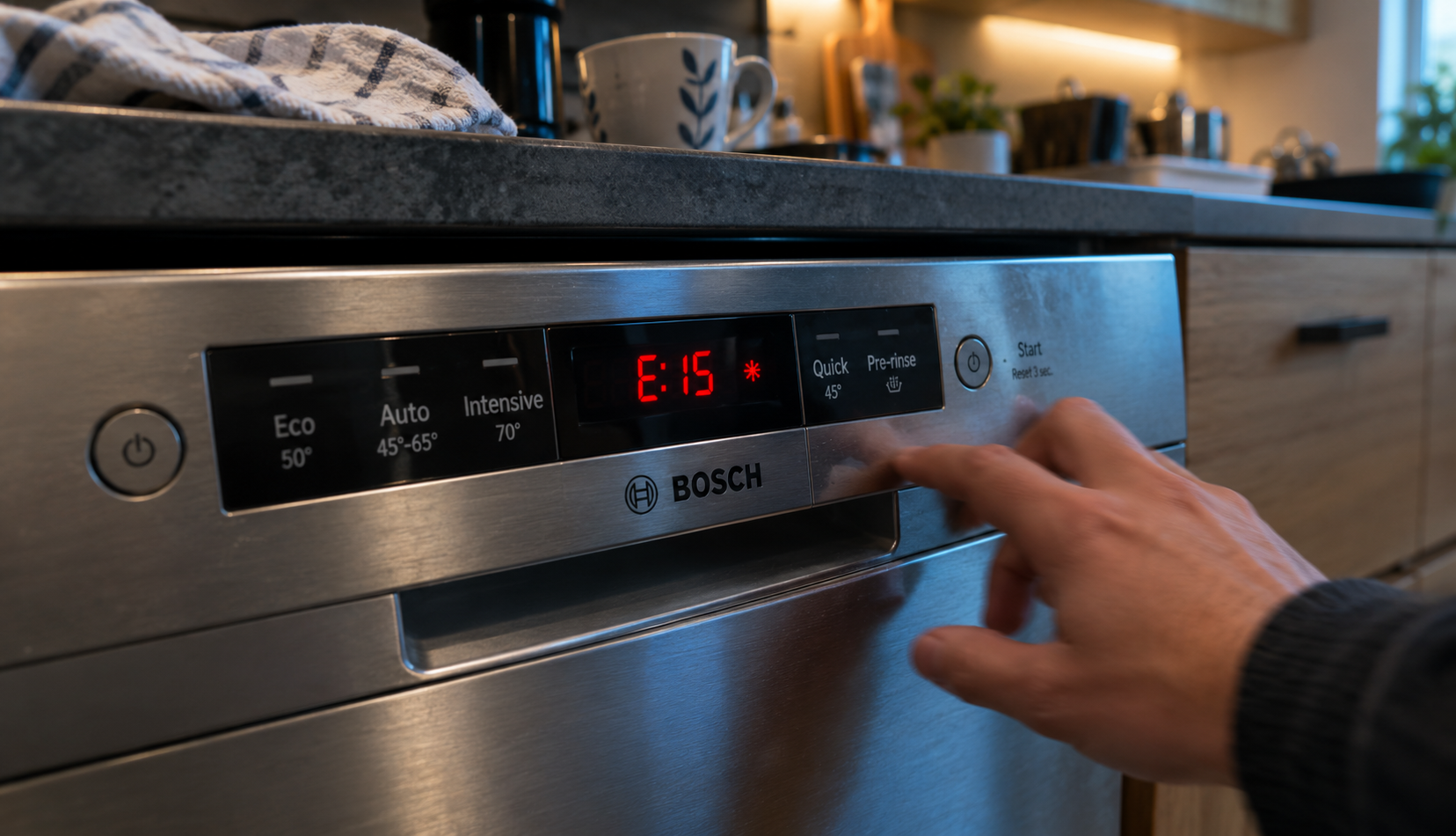 Bosch dishwasher control panel showing a blinking error code
