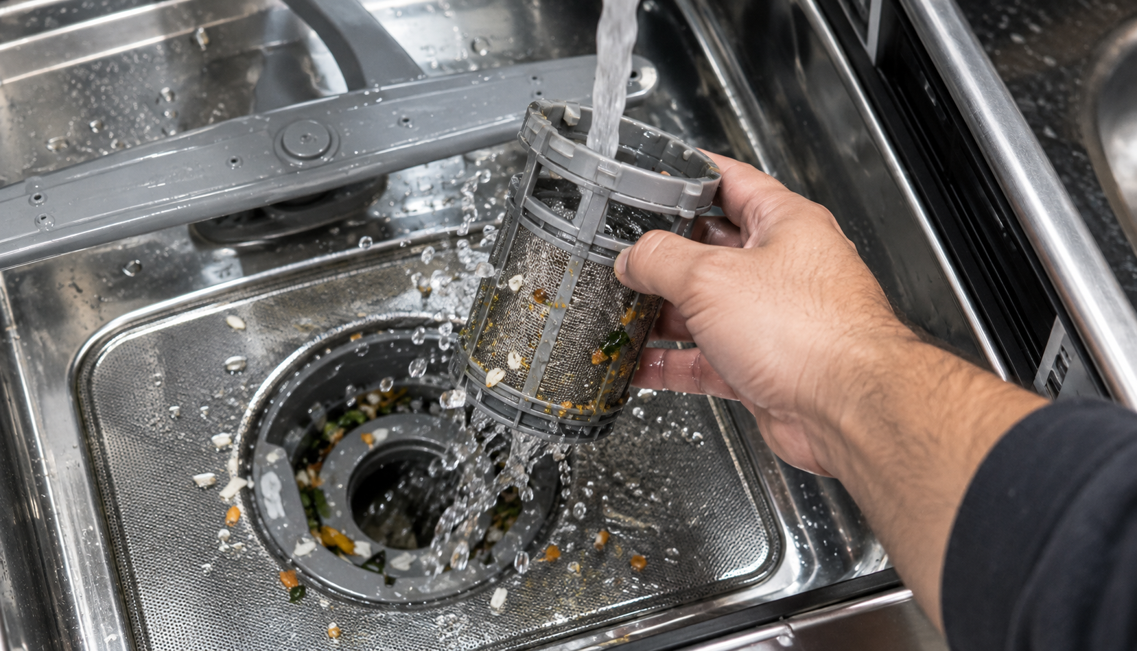 Rinsing a clogged Bosch dishwasher filter basket under water